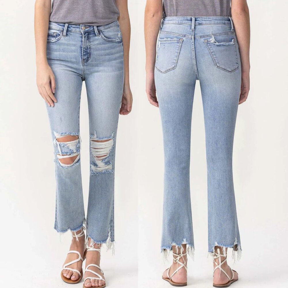 Lovervet | High Rise Destroyed Shark Bite Raw Hem Straight Leg Crop Jeans 29